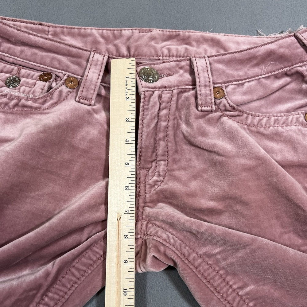 True Religion Joey Big T Velour Flare Leg Pants Sz 31x30 Pink Bootcut Flaps USA - Picture 5 of 12